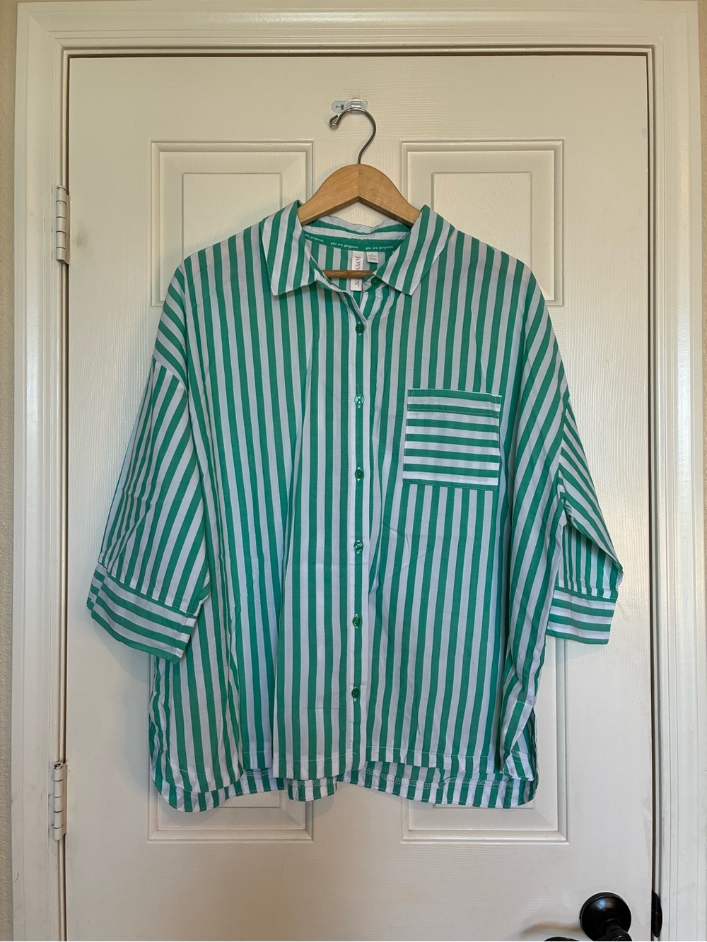 Relaxed Button-Front Teal & White Striped Blouse